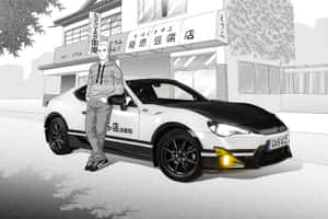 動漫風格的男孩靠在豆腐店前的白色跑車上。 — 頭文字D 壁紙