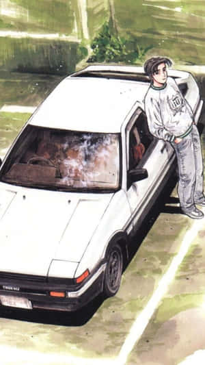 年輕動漫男孩靠在路邊的白色AE86跑車上。 — 動漫 壁紙