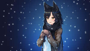 動漫女孩戴貓耳和圍巾，雪夜星空 — 可愛動漫女孩 壁紙