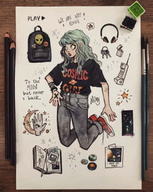 擁有藍綠色頭髮和宇宙襯衫的動漫女孩，被太空主題塗鴉和復古物品包圍。 — 動畫女孩 壁紙