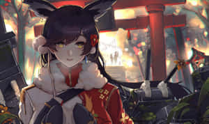 動漫女孩穿著紅色和服，有狐狸耳朵，在日落時站在神社前。 — 碧藍航線 壁紙