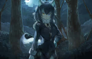 動漫女孩，有狼耳朵和尾巴，在月光下的森林裡穿著校服。 — 狼少女 壁紙