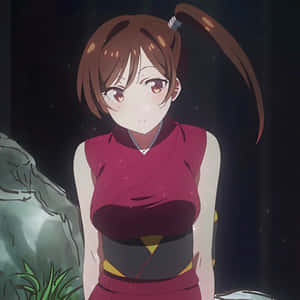 動漫女孩穿紅色服裝站在星空下，旁邊有發光岩石 — Q版動漫 壁紙