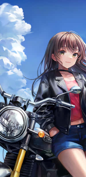 穿著皮夾克的動漫女孩坐在摩托車上，背景是藍天白雲。 — Pixel 4 壁紙