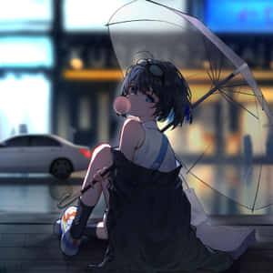 動漫女孩坐在濕漉漉的人行道上，在夜晚的雨城中撐著雨傘。 — 動畫女孩 壁紙