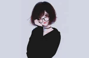 戴眼鏡短髮的動漫女孩手托下巴。 — 可愛動漫女孩 壁紙