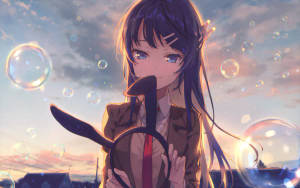 動漫女孩握著方向盤，日落時氣泡飄浮。 — 櫻島麻衣 壁紙
