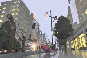 動漫女孩拿著粉紅色雨傘在黃昏時分走在濕漉漉的城市街道上，燈光閃爍。 — 獨自一人 壁紙