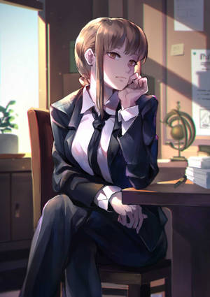 動漫女孩穿著西裝坐在陽光充足的辦公室的桌子旁 — OnePlus Pad 3 壁紙