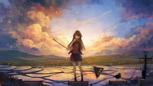 動漫女孩在夕陽下的屋頂上舉著旗幟，鳥兒在稻田上空飛翔。 — 動畫風景動圖 壁紙