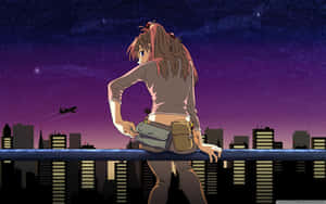 動漫女孩在屋頂上凝視著星空夜空下的城市天際線，飛機飛過。 — 高畫質遊戲 壁紙