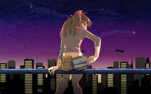 動漫女孩在屋頂上俯瞰夜晚的城市，星空下 — 新世紀福音戰士 GIF 壁紙