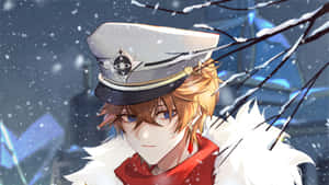 年輕動漫男子穿著冬季外套和帽子，站在雪地中，周圍有光禿禿的樹枝。 — 童趣風 壁紙