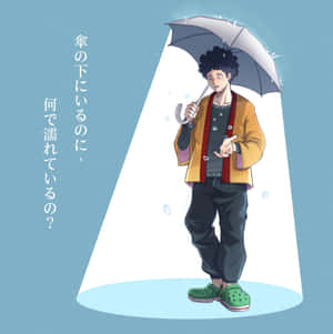 動漫男孩在聚光燈下撐著雨傘站在雨中穿著黃色開襟衫和綠色木屐 — iPad Pro 12.9 壁紙