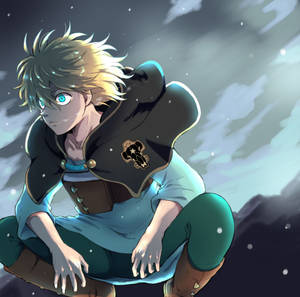 穿著冬季外套的動漫男孩坐在雪中，天空多雲 — 拉克·波尔提亚 壁紙