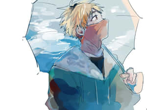 金髮動漫男孩在雨中拿著透明雨傘。 — 中野三玖 壁紙