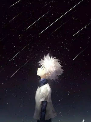 動漫男孩仰望流星劃過的星空夜空。 — 月亮與星星 壁紙