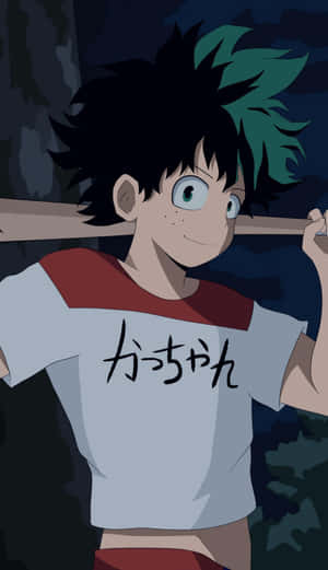 動漫男孩，綠色和黑色頭髮，在夜晚的黑暗森林中拿著棒球棒。 — 曉組織手機 壁紙