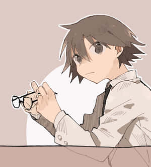 動漫男孩在書桌前拿著眼鏡，神情若有所思。 — 榮耀Magic V 壁紙