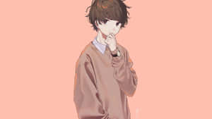 動漫男孩穿棕色毛衣，手托下巴思考，桃色背景 — 日本動漫 壁紙