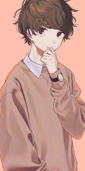 穿著棕色毛衣的動漫男孩在粉紅色背景上用手托著下巴思考 — 美少年動態圖 壁紙