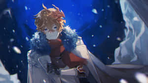 雪洞中帶角的動漫男孩，穿著毛領大衣