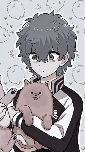 動漫男孩抱著毛茸茸的棕色小狗，背景有爪印圖案 — 卡通狗 壁紙