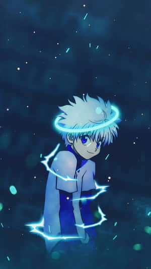 白髮藍眼的動漫男孩，在繁星點點的夜空中被發光的電能包圍。 — 藍色美學電腦 壁紙