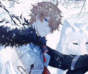 藍眼睛、棕色頭髮的動漫男孩站在雪森林中，旁邊有一隻白狼。