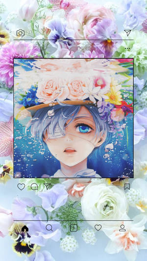 動漫男孩，藍色頭髮，戴著花冠，浸在水中，有漂浮的花朵。 — 可愛黑色風格 壁紙
