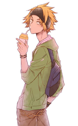 動漫男孩穿著綠色連帽衫，背著背包，喝著紙盒果汁。 — 簡約 壁紙