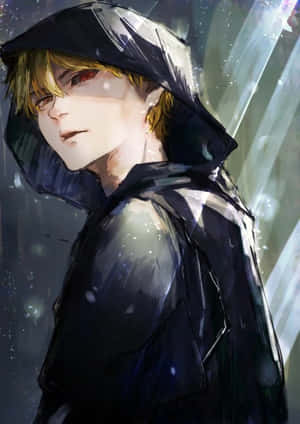 動漫男孩穿著黑色雨衣，紅眼站在雨中。 — 午夜 壁紙