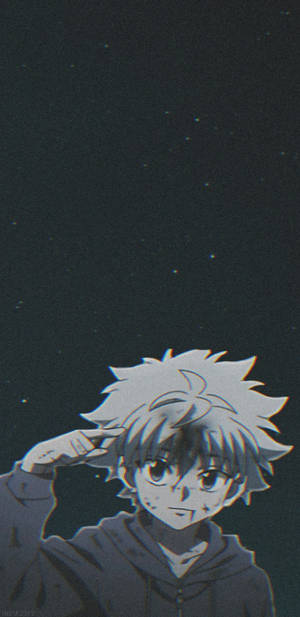 動漫男孩在繁星點點的夜空下敬禮，帶有粗糙質感。 — 奇犽 壁紙