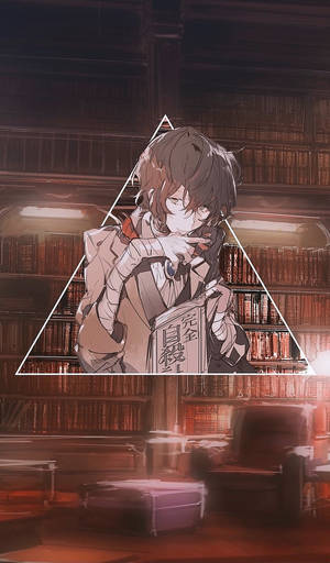 動漫男孩在圖書館裡拿著名為《完全自殺》的書，被發光三角形框住。 — 太宰 壁紙