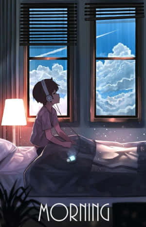 動漫男孩在床上戴著耳機聽音樂，晨光顯示外面的雲朵。 — 黑夜 壁紙