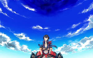 動漫男孩在紅色車輛上仰望有雲的星空。 — 天元突破紅蓮螺巖 壁紙