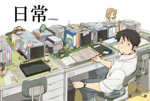 動漫角色在一個充滿書本和紙張的雜亂書房裡。 — 老師 壁紙