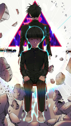 動漫男孩坐著，周圍有發光的三角形和漂浮的岩石。 — 路人超能100 GIF 壁紙