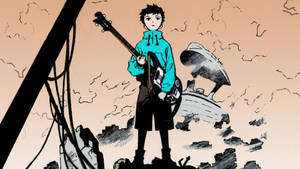 動漫男孩手持低音吉他，站在有斷裂電線和雲層的廢墟城市景觀中。 — 可愛的鳴人 壁紙