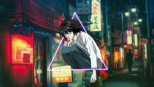 動漫男孩在霓虹燈小巷中被發光三角形框住 — L·羅萊特 壁紙