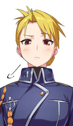 動漫角色，金髮和深藍色制服，臉紅地向前看。 — 華為Pura X View 壁紙