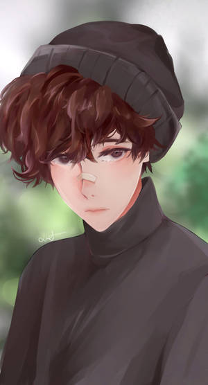 棕色頭髮戴黑色毛帽的動漫男孩在戶外溫柔地凝視。 — 威爾伯·索特 壁紙