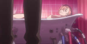 動漫角色在未來感粉紅燈光浴缸中，有外露管道。 — FLCL 壁紙