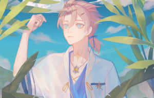 動漫男孩，粉紅色頭髮和藍色眼睛，穿著白色外套，在藍天下的綠葉中。 — 原神 壁紙