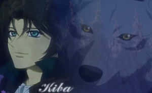動漫角色 Kiba 旁邊有一隻半透明的狼，在深藍色的場景中。 — 桐人 壁紙