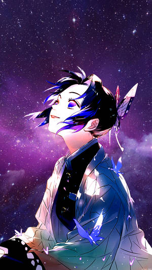 動漫角色，藍色頭髮和蝴蝶翅膀，在星空紫色天空下。 — 忍 壁紙