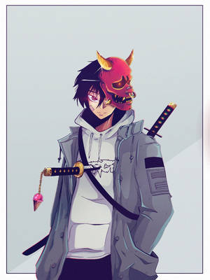 動漫男孩戴著紅色惡魔面具和武士刀，手持冰淇淋甜筒流蘇。 — 混沌武士 壁紙