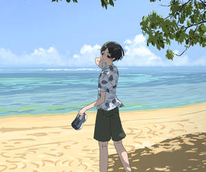 動漫男孩在陽光明媚的海灘上行走，在樹枝下拿著鞋子。