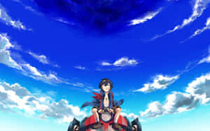 動畫男孩在星空藍天下騎紅色車輛，伴隨著雲朵 — 天元突破紅蓮螺巖 壁紙