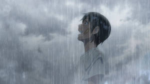 動畫男孩在暴風雨天空下的大雨中微笑 — 天氣之子 壁紙